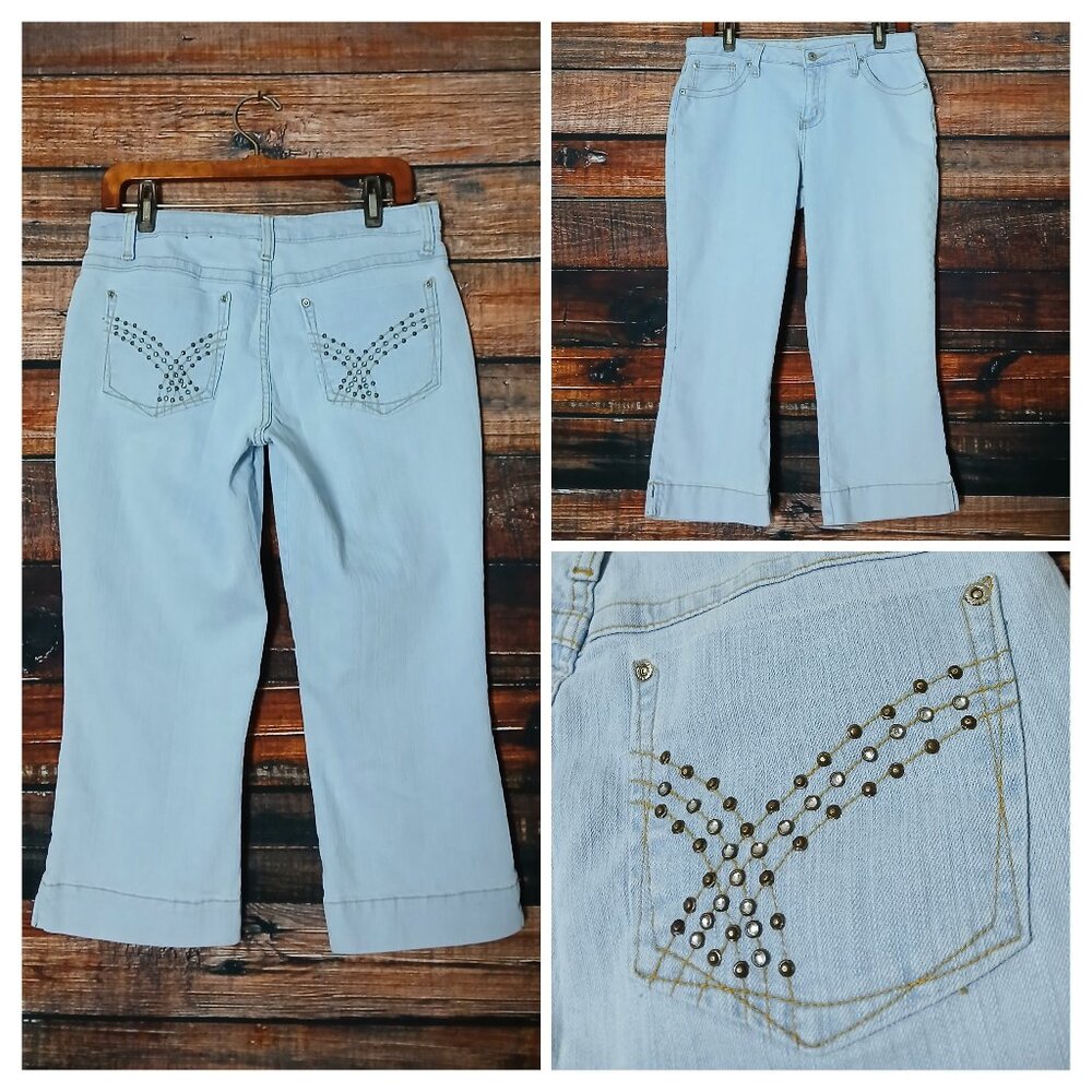 LA Blues Capri Jeans 10 Vintage Y2K Embellished Studded Ramie Denim Light Wash